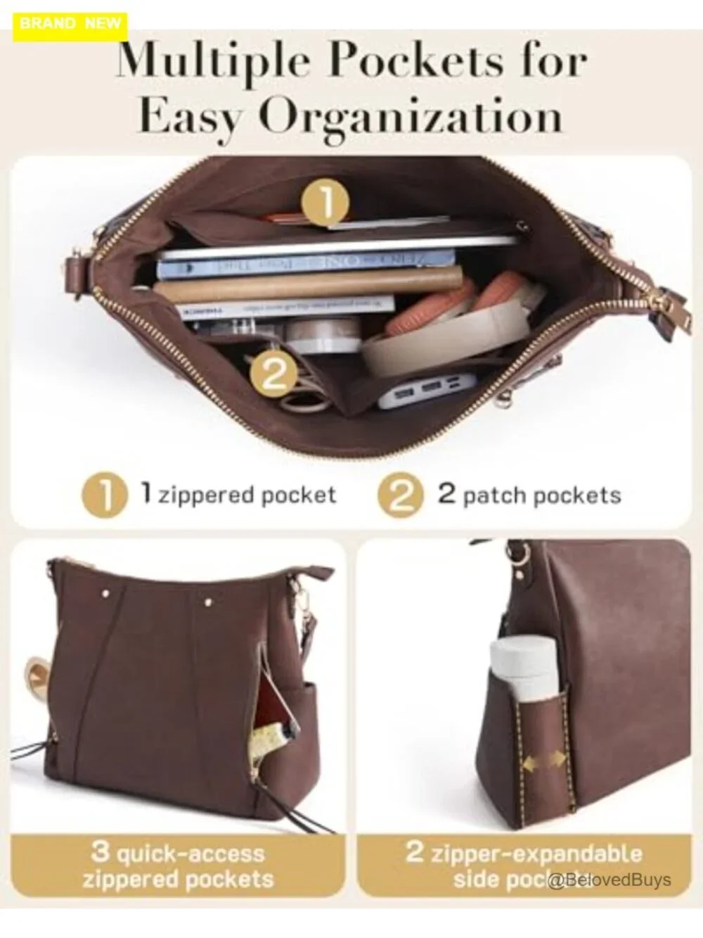 Vegan Leather Hobo Bag Crossbody Purse with Multiple Pockets